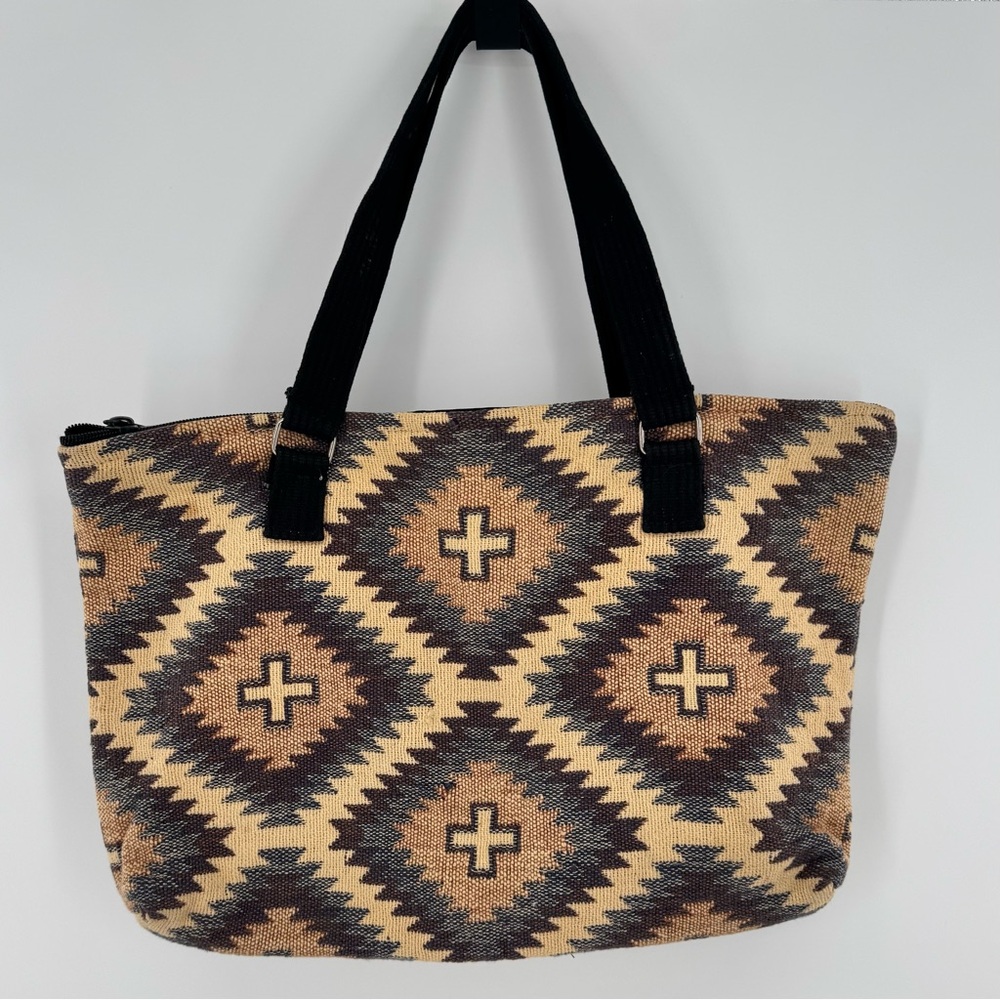 El Paso Saddle Blanket Beige Brown Southwestern Aztec Print Zip Tote Bag‎ Woven